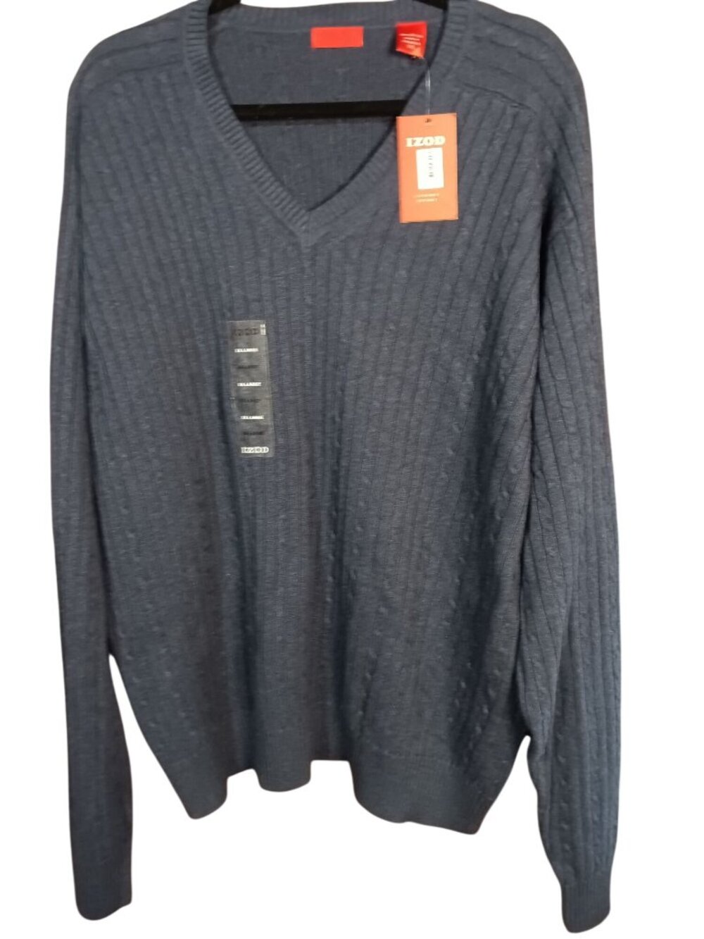 Izod Luxury Sport 2XL Navy Blue Cable Knit V-Neck Sweater 100% Cotton